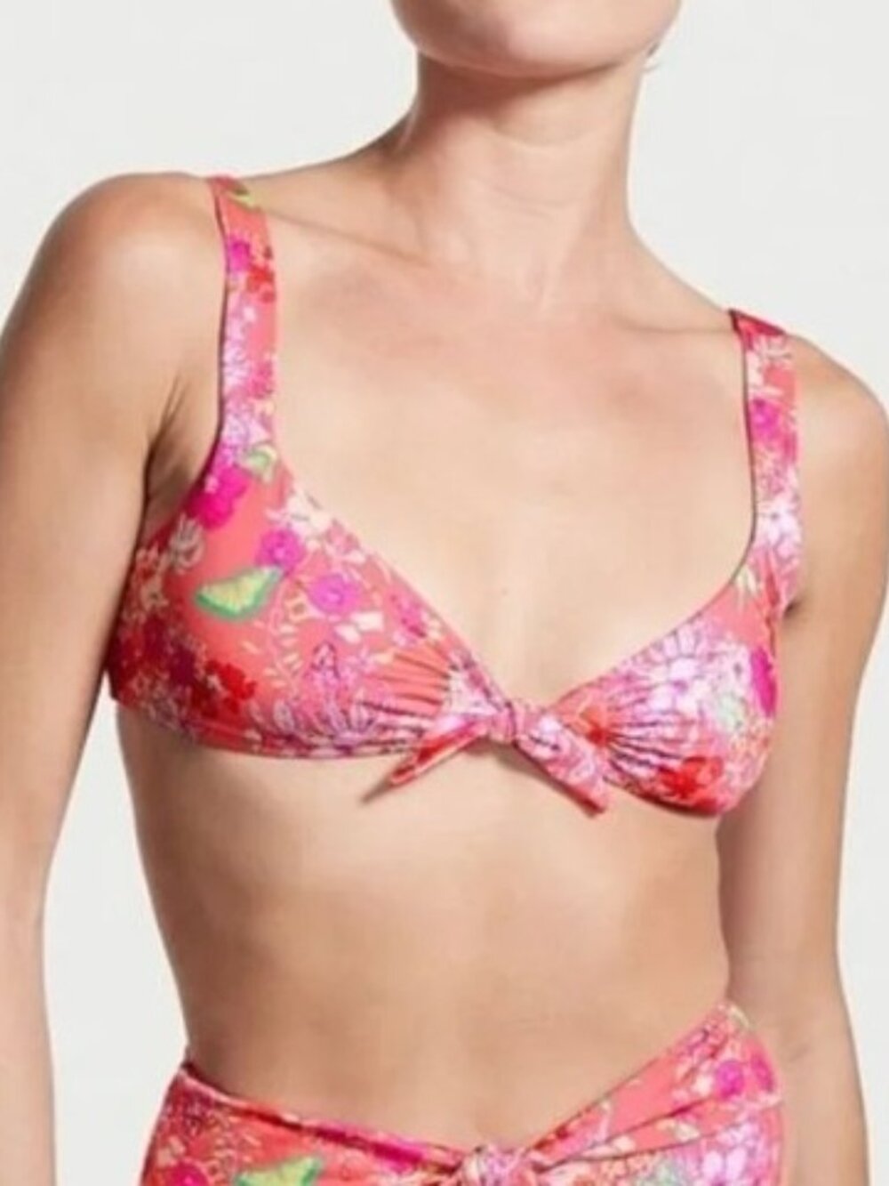 Victoria's Secret Coral Pink Orange Floral Print Tie Front Bikini Top MEDIUM